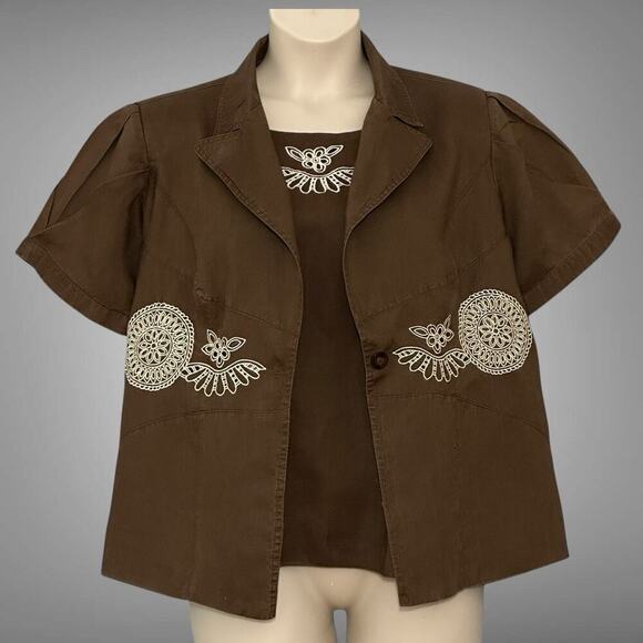 Lino USA Womens Top Plus 1X Brown 100% Linen 2 Piece Embroidered Classic Clasual - Picture 1 of 16